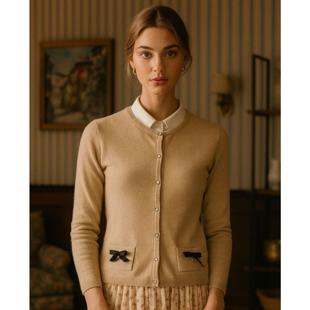 Prairie New York Beige Button Up Pocket Bow Cardigan Sweater Women's Size Large